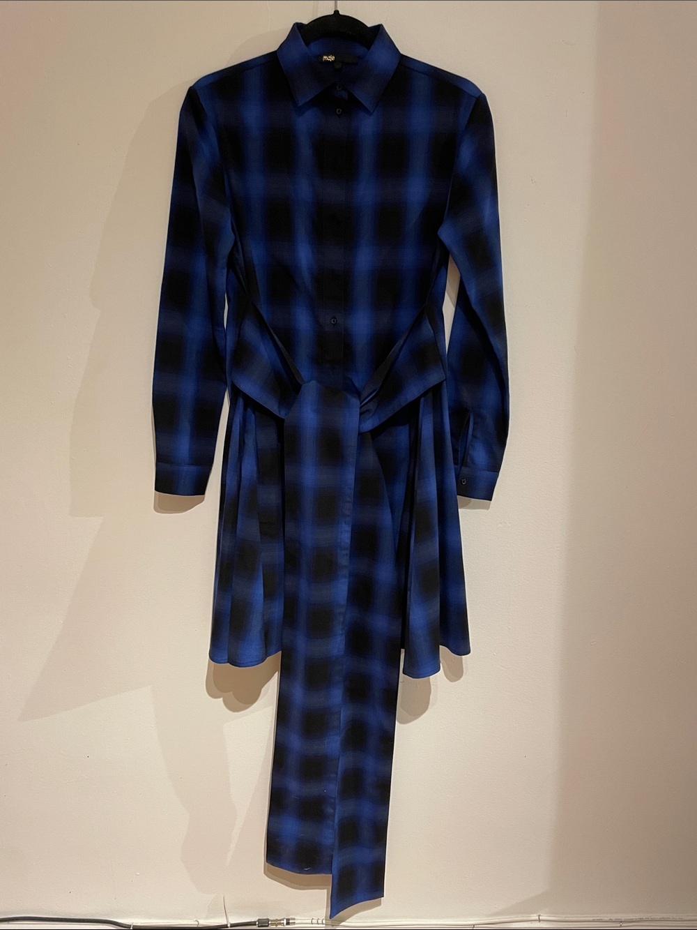Maje Blue and Black Plaid Long-Sleeve Shirt Dress